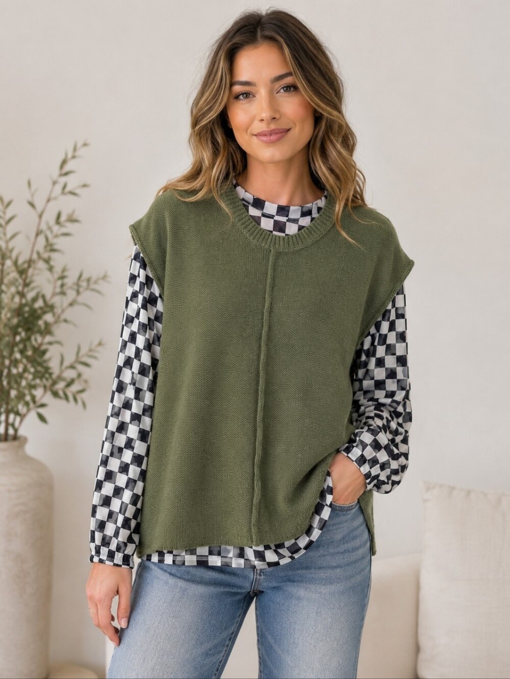 Olive Green Layered Sweater Vest With Checkered Blouse Top